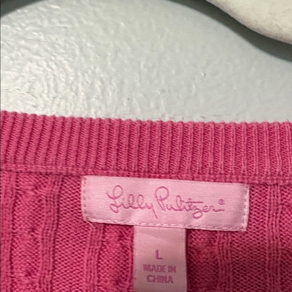 Lilly Pulitzer Pink Cable Knit Cardigan Cotton Button Front Sz L - Picture 3 of 5